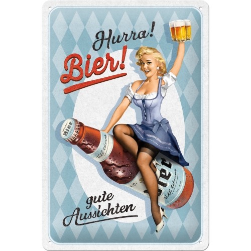 Blechschild "Hurra! Bier! Gute Aussichten" Blondine im Dirndl, 30x20cm